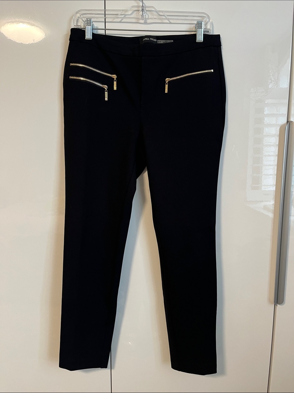 Ivanka Trump Dressy Black Straight-Leg Pants with Gold Zipper Detail, Size M